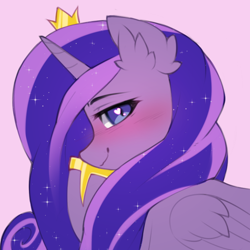 Size: 722x722 | Tagged: safe, artist:astralblues, oc, oc:princess luminescent love, alicorn, pony, alicorn oc, blushing, closed mouth, commissioner:bigonionbean, crown, ear fluff, female, folded wings, fusion, fusion:lundance, fusion:princess cadance, fusion:princess luna, heart, heart eyes, hoof shoes, horn, jewelry, looking at you, looking back, looking back at you, mare, pink background, princess shoes, regalia, simple background, smiling, solo, sparkly mane, tiara, wingding eyes, wings