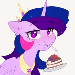 Size: 722x722 | Tagged: safe, artist:astralblues, oc, oc only, oc:princess morning star, alicorn, pony, alicorn oc, cake, cake slice, commissioner:bigonionbean, crown, ear fluff, female, folded wings, food, horn, jewelry, mare, peytral, regalia, simple background, solo, spoon, white background, wings