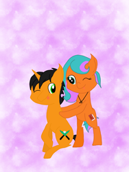 Size: 1944x2592 | Tagged: safe, artist:script singer, oc, oc only, oc:jaded steel, oc:script singer, earth pony, pony, unicorn, couple, earth pony oc, horn, unicorn oc