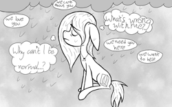 Size: 641x401 | Tagged: safe, artist:script singer, oc, oc only, oc:script singer, earth pony, pony, black and white, grayscale, monochrome, rain, solo, vent art