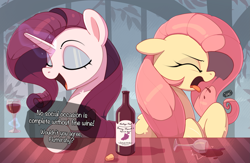 Size: 3335x2179 | Tagged: safe, artist:nookprint, fluttershy, rarity, pegasus, pony, unicorn, g4, alcohol, bottle, coughing, dialogue, eyes closed, eyeshadow, female, floppy ears, gagging, glass, high res, implied berry punch, levitation, magic, makeup, mare, open mouth, open smile, painfully innocent fluttershy, red wine, smiling, speech bubble, telekinesis, wine, wine bottle, wine glass