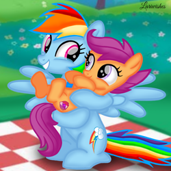 Size: 1400x1400 | Tagged: safe, artist:mlplary6, rainbow dash, scootaloo, pegasus, pony, g4, carrying, crying, cute, cutealoo, daaaaaaaaaaaw, dashabetes, female, filly, foal, looking at each other, looking at someone, mare, picnic blanket, scootalove, sibling love, siblings, sisters, sitting, smiling, smiling at each other, tears of joy