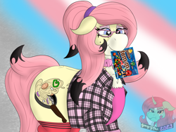 Size: 1600x1200 | Tagged: safe, alternate version, artist:gray star, oc, oc only, oc:sunny side(gray star), beauty mark, chocolate, female, flannel shirt, food, glasses, green m&m, happy, m&m's, ms. green, pride, pride flag, red m&m, redraw, trans female, transgender, transgender oc, transgender pride flag, yellow m&m