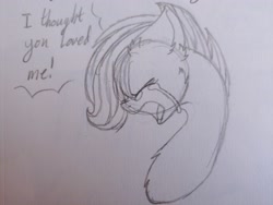 Size: 4032x3024 | Tagged: safe, artist:asiandra dash, derpibooru exclusive, scootaloo, pegasus, pony, fanfic:rainbow factory, cheek fluff, chest fluff, crying, ear fluff, eyes closed, fanfic art, floppy ears, pencil drawing, solo, speech bubble, text, traditional art, yelling