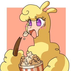 Size: 1080x1080 | Tagged: safe, artist:malt cat, paprika (tfh), alpaca, them's fightin' herds, blushing, cloven hooves, community related, eating, female, fluffy, food, open mouth, popcorn, solo