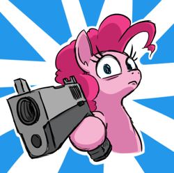 Size: 459x455 | Tagged: safe, artist:jargon scott, pinkie pie, earth pony, pony, g4, bust, delet this, dexterous hooves, female, frown, gun, handgun, hoof hold, looking at you, mare, pistol, solo
