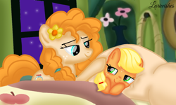 Size: 1200x720 | Tagged: safe, artist:mlplary6, applejack, pear butter, earth pony, pony, g4, bed, best mom ever, cute, female, filly, filly applejack, foal, jackabetes, lying down, mare, mother and child, mother and daughter, pearabetes, younger