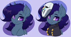 Size: 3648x1923 | Tagged: safe, artist:witchtaunter, oc, oc only, oc:cloudy rainbow, pegasus, pony, blackmore, bust, chest fluff, clothes, commission, ear fluff, jojo's bizarre adventure, looking at you, mask, pegasus oc, portrait, shoulder fluff, simple background, smiling, smiling at you, solo