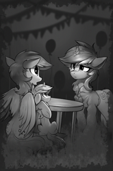 Size: 800x1214 | Tagged: safe, artist:ramiras, derpy hooves, dinky hooves, lyra heartstrings, pegasus, pony, unicorn, fanfic:background pony, g4, balloon, crying, dig the swell hoodie, fanfic art, female, grayscale, mare, monochrome, mother and child, mother and daughter, sitting, table