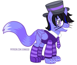 Size: 1000x838 | Tagged: safe, artist:jennieoo, oc, oc only, oc:lightning shadow, original species, claws, clothes, costume, fangs, glasses, halloween, halloween costume, hat, horn, looking at you, necktie, paws, simple background, smiling, smiling at you, socks, solo, stockings, striped socks, tail, thigh highs, top hat, transparent background, two toned mane, whiskers