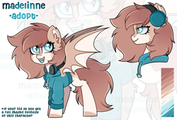 Size: 2368x1600 | Tagged: safe, artist:madelinne, oc, oc only, bat pony, adoptable, adoptable open, bat pony oc, bust, clothes, color palette, full body, happy, headphones, hoodie, portrait, reference sheet, simple background, solo, zoom layer