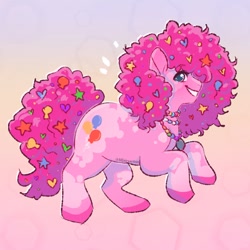 Size: 1192x1192 | Tagged: safe, artist:lilfairyartistt, pinkie pie, earth pony, pony, g4, abstract background, afro, alternate design, alternate hairstyle, gradient background, grin, mottled coat, pink hair, pink tail, smiling, solo, tail, teeth