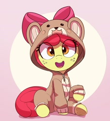 Size: 2118x2336 | Tagged: safe, artist:pabbley, apple bloom, earth pony, pony, adorabloom, animal costume, bear costume, clothes, costume, cute, daaaaaaaaaaaw, female, filly, foal, freckles, high res, kigurumi, looking at you, open mouth, open smile, sitting, smiling, smiling at you, solo, underhoof