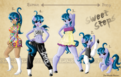 Size: 4606x2952 | Tagged: safe, artist:the-black-terror, oc, oc only, oc:sweet steps, earth pony, human, anthro, semi-anthro, unguligrade anthro, anthro chart, anthro with ponies, arm hooves, clothes, dark skin, dress, earth pony oc, humanized, leotard, raised leg, smiling