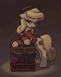 Size: 422x528 | Tagged: safe, artist:plunger, oc, oc only, oc:belle hop, earth pony, pony, /mlptg/ the bannermanes, angry, cigarette, clothes, ears, earth pony oc, eyebrows, female, floppy ears, hat, leaning, mare, ponybooru import, simple background, smoking, solo, suitcase, unamused, uniform