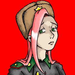 Size: 1308x1311 | Tagged: safe, artist:taekwon-magic, fluttershy, human, g4, bust, clothes, female, hat, humanized, red background, simple background, solo, soviet union, uniform, ushanka