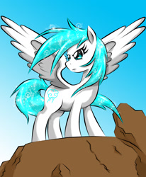 Size: 1654x2008 | Tagged: safe, artist:taekwon-magic, oc, pegasus, pony, cliff, eyelashes, female, looking at something, mare, outdoors, pegasus oc, solo, spread wings, wings