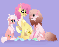 Size: 1280x1024 | Tagged: safe, artist:periwinklechick, li'l cheese, oc, oc:crème puff, oc:peaches à la mode, earth pony, pony, g4, the last problem, chest fluff, colored hooves, jewelry, necklace, nonbinary, offspring, parent:cheese sandwich, parent:pinkie pie, parents:cheesepie, pearl necklace, purple background, siblings, simple background, sitting, smiling, trio