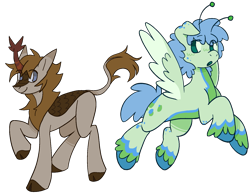 Size: 1591x1230 | Tagged: safe, artist:beetlebonez, derpibooru exclusive, oc, oc only, oc:raspberry spark, kirin, pegasus, pony, antennae, blank flank, blue eyes, blue mane, brown coat, brown mane, duo, duo male, green coat, horn, jumping, kirin oc, male, multicolored coat, original art, pegasus oc, red horn, simple background, spots, transparent background