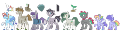 Size: 5072x1440 | Tagged: safe, artist:glowfangs, maud pie, mudbriar, rainbow dash, oc, oc:melon baller, oc:one liner, oc:one stone, oc:sprout, oc:two birds, earth pony, pegasus, pony, g4, alternate cutie mark, alternate universe, blank flank, blaze (coat marking), body freckles, body markings, bowtie, coat markings, collar, colored hooves, ear piercing, earring, earth pony oc, facial markings, female, filly, foal, freckles, hair over eyes, jewelry, male, mare, mismatched hooves, necktie, offspring, parent:maud pie, parent:mud briar, parent:rainbow dash, parents:maudbriar, parents:rainbowbriar, parents:rainbowmaud, pegasus oc, piercing, pigtails, rainbowbriar, rainbowmaud, rainbowmaudbriar, raised hoof, ship:maudbriar, shipping, simple background, socks (coat markings), spread wings, stallion, standing, straight, teenager, transparent background, wings