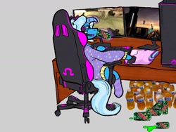 Size: 1600x1200 | Tagged: safe, artist:amendokat, trixie, pony, unicorn, alternate hairstyle, babysitter trixie, chair, clothes, computer, computer desk, computer mouse, desk, female, floppy horn, gamer, gamer girl, gaming, gaming headset, half-life, half-life 2, headphones, headset, hoodie, horn, keyboard, mare, monitor, mountain dew, mousepad, office chair, pc, pee in container, pigtails, sitting, socks, solo, urine