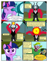 Size: 612x792 | Tagged: safe, artist:newbiespud, edit, edited screencap, screencap, discord, lord tirek, twilight sparkle, alicorn, centaur, pony, taur, comic:friendship is dragons, g4, comic, dialogue, female, male, mare, screencap comic, telescope, tree, twilight sparkle (alicorn)