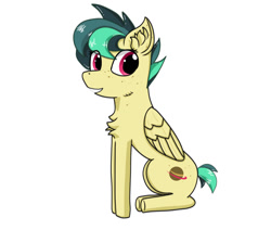 Size: 975x828 | Tagged: safe, artist:nismorose, oc, oc:apogee, pegasus, pony, chest fluff, ear fluff, eye clipping through hair, eye lashes, female, filly, fluffy, foal, freckles, grin, pegasus oc, short tail, simple background, sitting, smiling, spiky hair, tail, white background, wings