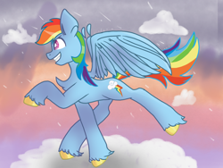 Size: 1440x1080 | Tagged: safe, artist:flower-black, rainbow dash, pegasus, pony, g4, backwards cutie mark, cloud, eyebrows, eyebrows visible through hair, female, flying, grin, mare, rain, sky, smiling, solo, spread wings, wings