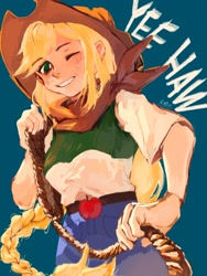 Size: 1536x2048 | Tagged: safe, artist:岚什么北, applejack, human, equestria girls, g4, lasso, one eye closed, rope, solo, wink