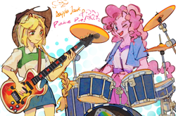 Size: 2728x1798 | Tagged: safe, artist:岚什么北, applejack, pinkie pie, human, equestria girls, g4, bass guitar, drum kit, drums, duo, guitar, musical instrument, pony ears, simple background, white background