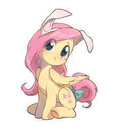 Size: 1471x1558 | Tagged: safe, artist:酒饼叶, fluttershy, pegasus, pony, g4, blushing, bow, bunny ears, bunnyshy, cute, eye clipping through hair, female, looking at you, mare, shyabetes, simple background, smiling, solo, tail, tail bow, transparent background