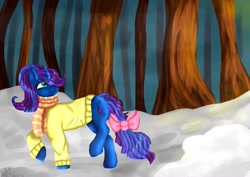 Size: 1189x841 | Tagged: safe, artist:deadsmoke, good weather, oc, pony, unicorn, birthday, blue, bow, clothes, female, forest, grandmother, horn, park, purple, scarf, snow, solo, sweater, tail, tail bow, tree, unicorn oc, walking, white, winter