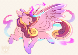 Size: 3000x2100 | Tagged: safe, artist:glitterstar2000, princess cadance, alicorn, pony, g4, ear fluff, female, high res, magic, mare, missing accessory, open mouth, open smile, smiling, solo, spread wings, turned head, wings