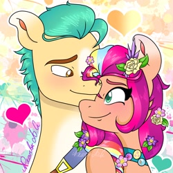 Size: 2048x2048 | Tagged: safe, artist:pearl a.g, artist:pearlag, hitch trailblazer, sunny starscout, earth pony, pony, g5, duo, female, flower, flower in hair, heart, high res, hug, male, mane stripe sunny, mare, multicolored hair, ship:starblazer, shipping, stallion, straight