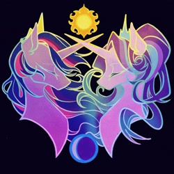 Size: 2048x2048 | Tagged: safe, artist:tkotu434, starlight glimmer, twilight sparkle, alicorn, pony, g4, black background, bust, crossed horns, duo, eyes closed, female, high res, horn, horns are touching, mare, race swap, simple background, sun, twilight sparkle (alicorn)