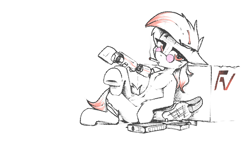 Size: 2934x1665 | Tagged: safe, artist:deafjaeger, oc, oc only, oc:yara, earth pony, pony, augmented, bag, bandage, belly button, chest fluff, crossed legs, cyber legs, female, glasses, gun, hairpin, leaning, leaning back, lidded eyes, looking at each other, looking at someone, lying down, mare, rifle, simple background, smoking, solo, the chronicles of order, weapon, white background