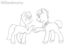 Size: 560x386 | Tagged: safe, artist:standreamy, hitch trailblazer, sunny starscout, earth pony, pony, g5, duo, duo male and female, female, male, mare, monochrome, simple background, stallion, white background