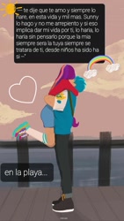 Size: 736x1308 | Tagged: safe, artist:karina11494591, hitch trailblazer, sunny starscout, human, g5, duo, duo male and female, female, heart, hug, humanized, male, mane stripe sunny, ocean, rainbow, ship:starblazer, shipping, spanish, straight, tan skin, translated in the comments, water