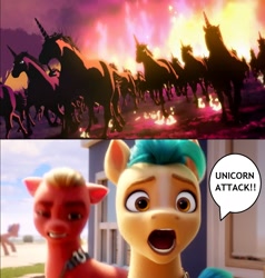 Size: 1366x1436 | Tagged: safe, edit, edited screencap, screencap, hitch trailblazer, sprout cloverleaf, earth pony, pony, unicorn, g5, my little pony: a new generation, captain obvious, male, speech bubble, stallion, text, unicorn attack, unicorn wars, you don't say