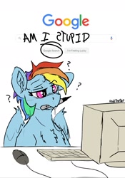 Size: 1077x1535 | Tagged: safe, artist:reddthebat, rainbow dash, pegasus, pony, g4, bust, chest fluff, computer, confused, dent, dented dash, drool, ear fluff, female, google, mare, mouth hold, one ear down, question mark, rainbow dumb, sharpie, simple background, solo, stupid, too dumb to live, white background