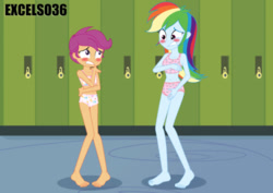 Size: 935x661 | Tagged: safe, alternate version, artist:excelso36, part of a set, rainbow dash, scootaloo, human, equestria girls, g4, barefoot, blushing, canterlot high, clothes, concerned, embarrassed, embarrassed underwear exposure, feet, gritted teeth, lockers, nudity, partial nudity, right there in front of me, shoes, softcore, teeth, underwear, worried