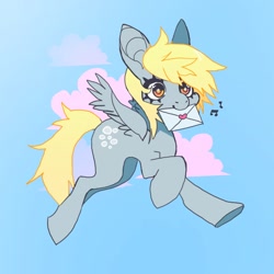 Size: 850x850 | Tagged: safe, artist:cutesykill, derpy hooves, pegasus, pony, g4, cloud, cute, derpabetes, envelope, female, flying, letter, music notes, sky background, smiling, solo, spread wings, wings