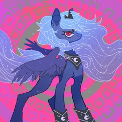 Size: 850x850 | Tagged: safe, artist:cutesykill, princess luna, alicorn, pony, g4, abstract background, alternate eye color, beanbrows, closed mouth, crown, ear piercing, earring, ethereal hair, ethereal mane, ethereal tail, eyebrows, female, gradient mane, gradient tail, jewelry, looking at you, mare, missing horn, peytral, piercing, pink background, red eyes, regalia, simple background, smiling, solo, sparkly mane, sparkly tail, spread wings, standing, starry mane, starry tail, tail, tiara, wings