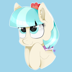 Size: 1000x1000 | Tagged: safe, artist:kathepart, coco pommel, earth pony, pony, g4, big eyes, blue background, collar, simple background, solo
