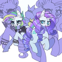 Size: 850x850 | Tagged: safe, artist:cutesykill, rarity, pony, g4, abstract background, alternate hairstyle, beanbrows, bracelet, clothes, collar, duality, duo, eyebrows, female, grin, horn, jewelry, punk, raised hoof, raripunk, self paradox, self ponidox, smiling, studs, zoom layer