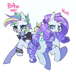 Size: 850x850 | Tagged: safe, alternate version, artist:cutesykill, rarity, pony, g4, alternate hairstyle, beanbrows, bracelet, clothes, collar, duality, duo, eyebrows, female, grin, horn, jewelry, punk, raised hoof, raripunk, self paradox, self ponidox, simple background, smiling, speech, studs, talking, text, white background