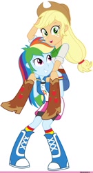 Size: 736x1361 | Tagged: safe, applejack, rainbow dash, human, equestria girls, g4, applejack riding rainbow dash, boots, clothes, cowboy boots, cowboy hat, hat, high heel boots, humans riding humans, piggyback ride, shirt, shoes, simple background, skirt, socks, white background