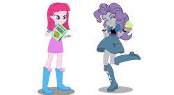 Size: 1280x698 | Tagged: safe, artist:crystalrainbowlife, maud pie, pinkie pie, human, equestria girls, g4, blank expression, boots, clothes, clothes swap, crackers, cupcake, cutie mark on clothes, duo, duo female, eyebrows, eyes closed, eyeshadow, female, food, high heel boots, jacket, makeup, maudie pie, palette swap, personality swap, pinkamena diane pie, recolor, rock, role reversal, shadow, shirt, shoes, siblings, simple background, sisters, skirt, smiling, transparent background, vest, wrong cutie mark