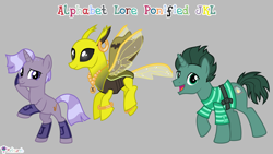Size: 7111x4000 | Tagged: safe, artist:melisareb, part of a set, changedling, changeling, moth, mothling, original species, pony, unicorn, .svg available, 16:9, absurd resolution, alphabet lore, bracelet, changelingified, clothes, crossover, dreamworks face, ear piercing, earring, female, flying, gray background, j, jewelry, k, l (letter), looking at you, male, mare, necklace, open mouth, piercing, ponified, raised hoof, rearing, shirt, simple background, species swap, stallion, striped shirt, teenager, trio, vector, wings, wristband, yellow changeling