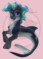 Size: 1055x1440 | Tagged: safe, artist:anoraknr, oc, oc only, oc:marina (efnw), hybrid, merpony, orca, orca pony, original species, seapony (g4), blue eyes, bubble, chest fluff, countershading, cute, digital art, everfree northwest, female, fish tail, flowing mane, flowing tail, green mane, looking at you, mare, open mouth, open smile, pink background, seashell, signature, simple background, smiling, smiling at you, solo, swimming, tail, underwater, unshorn fetlocks, water